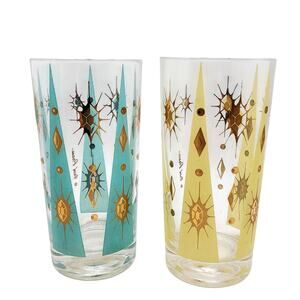 Fred Press Glass Tumblers Atomic Burst Cocktail MCM Turquoise Yellow Highball